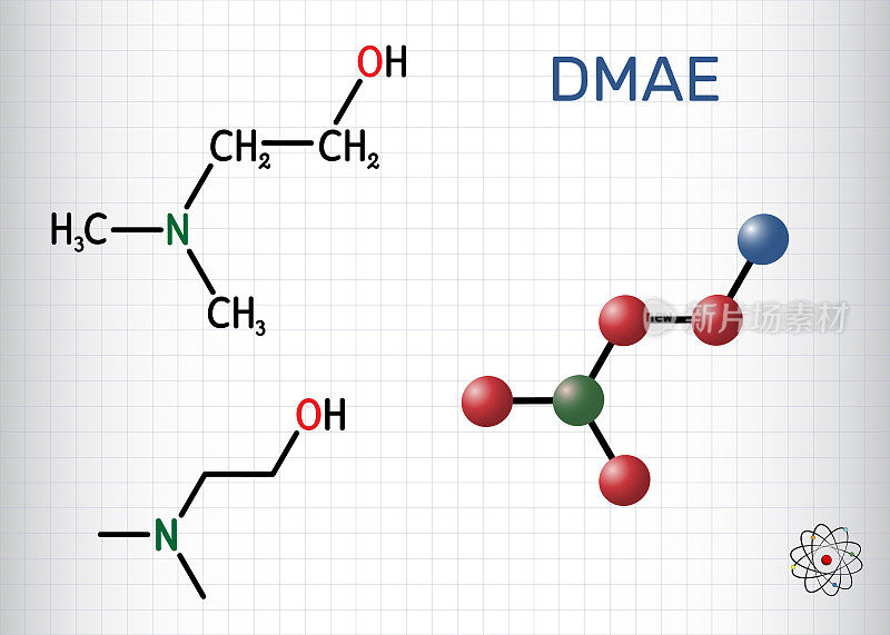 二甲乙醇胺，二甲乙醇，DMAE, DMEA分子。它是叔胺、固化剂、自由基清除剂。分子式、分子模型。笼子里的一张纸